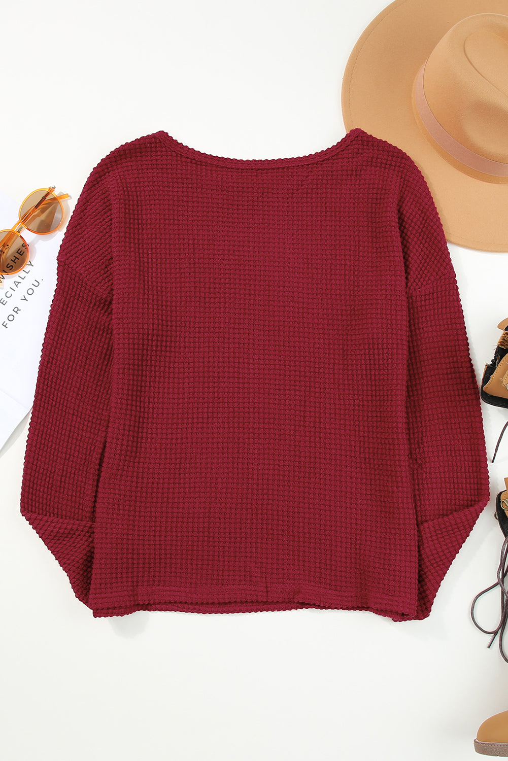 Waffle Knit Drop Shoulder Long Sleeve Top