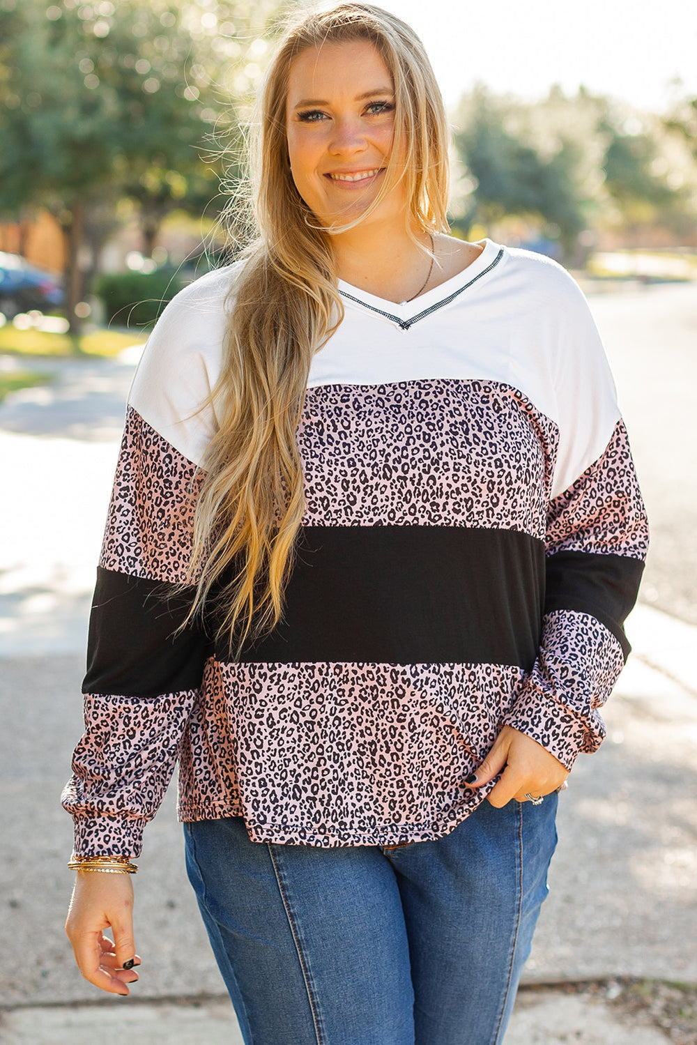 Leopard Print Colorblock V Neck Long Sleeve Plus Size Top