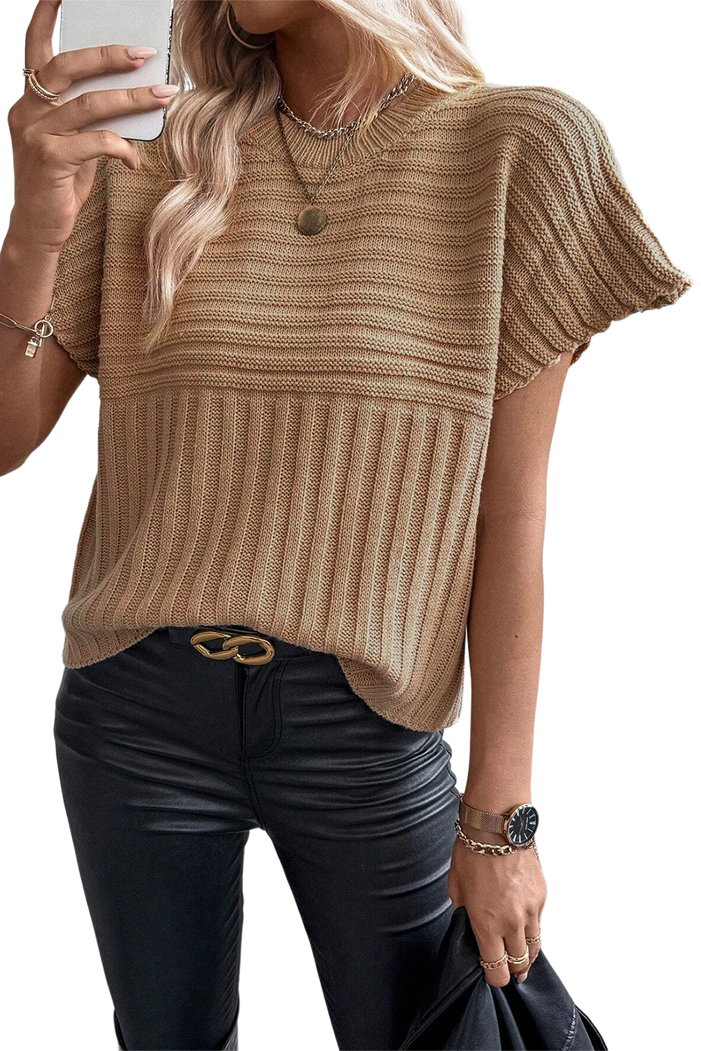 Rib Knitted Wide Sleeve Sweater T Shirt