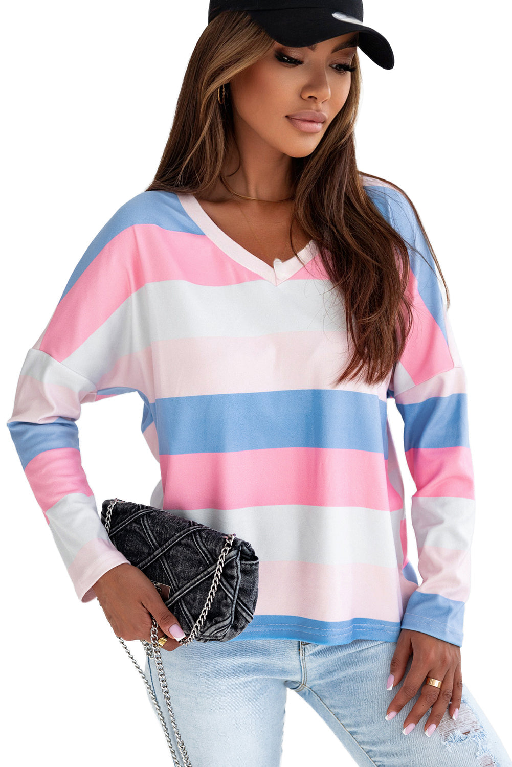 Contrast Striped V Neck Long Sleeve Top