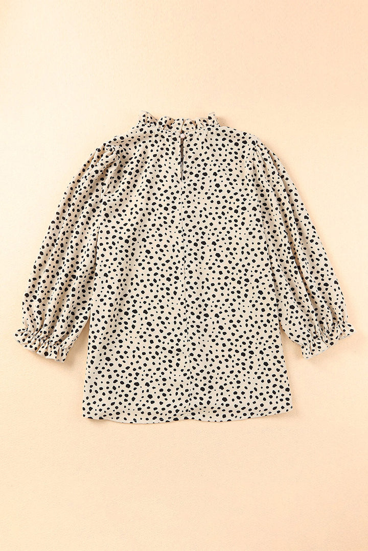 Frilled Neck 3/4 Sleeves Cheetah Blouse