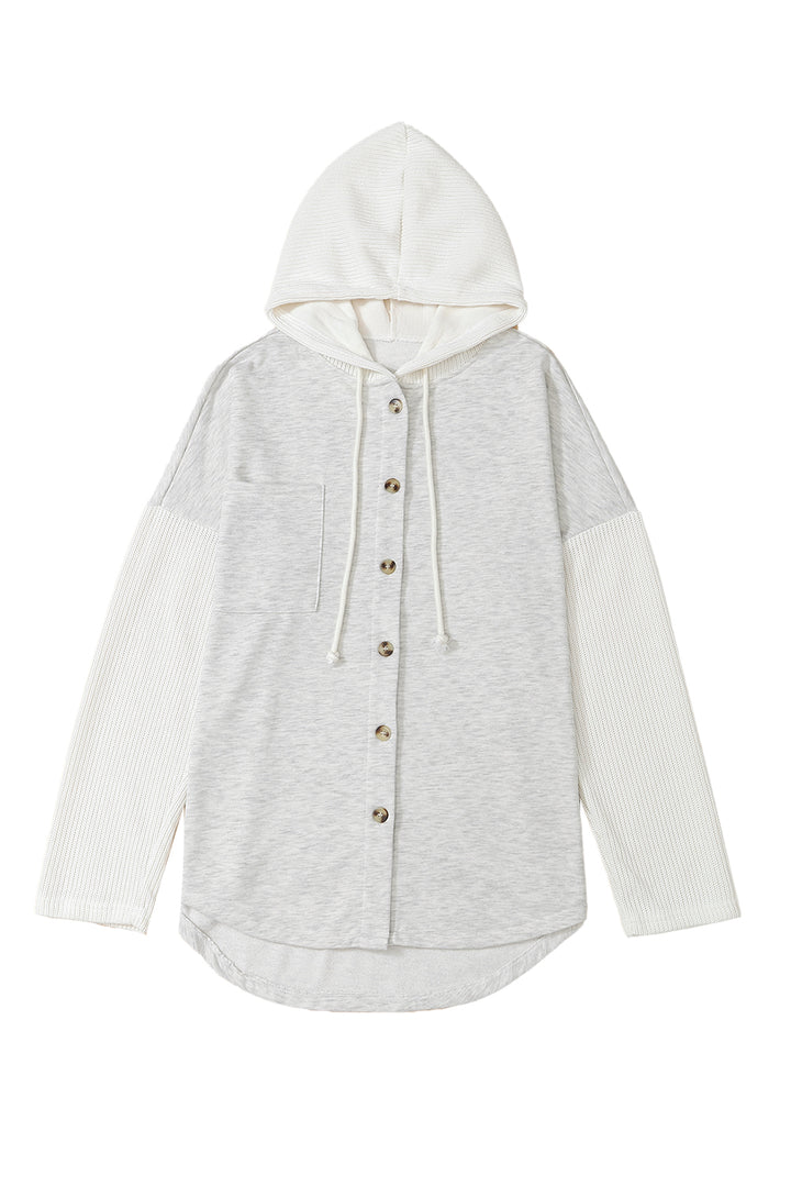 Button Up Contrast Knitted Sleeves Hooded Jacket