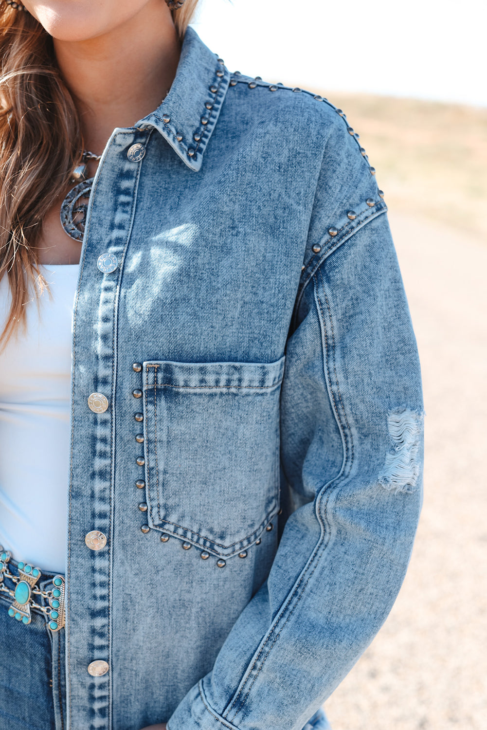 Studded Acid Wash Denim Jacket