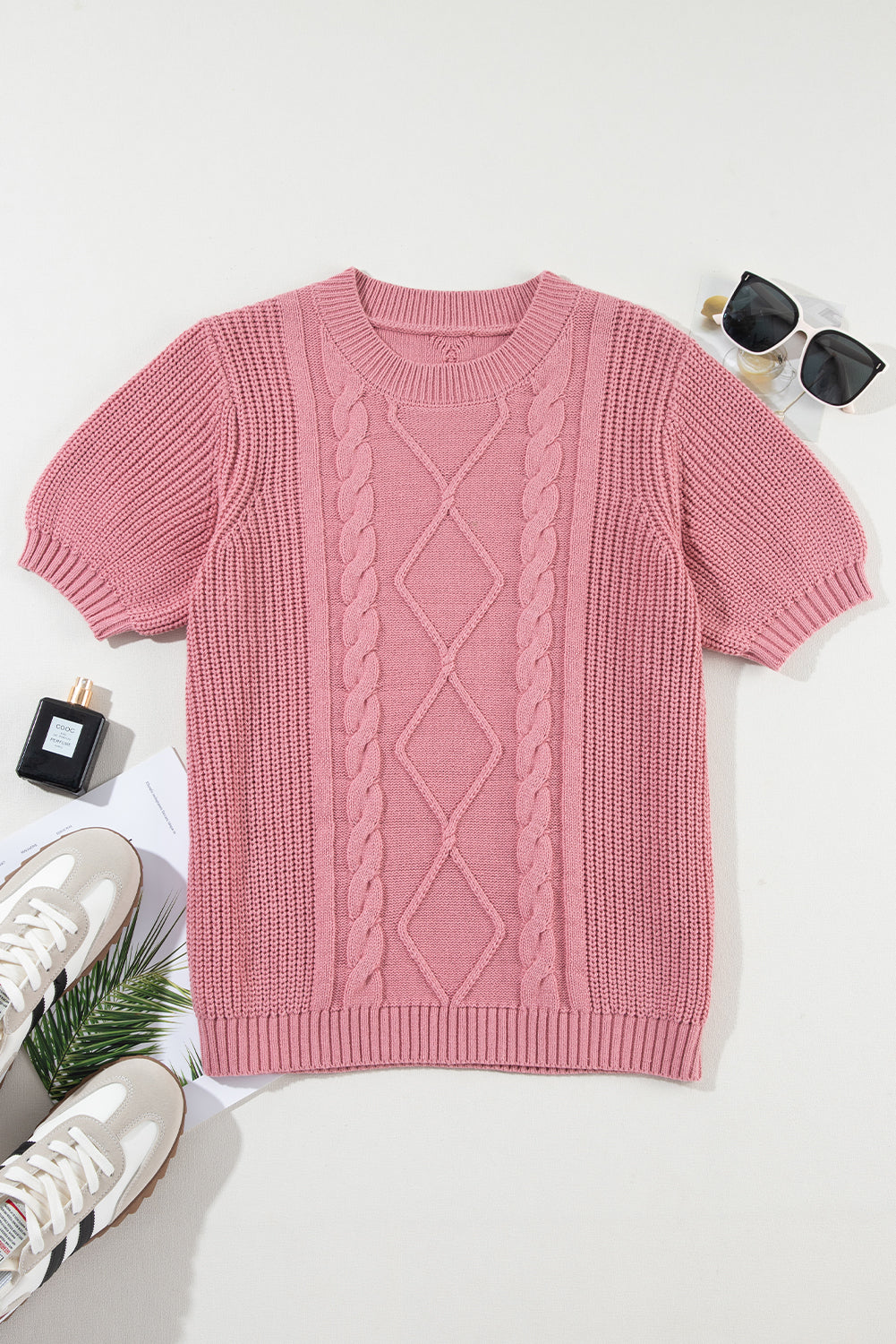 Cable Knit Mixed Textured Short Sleeve Sweater