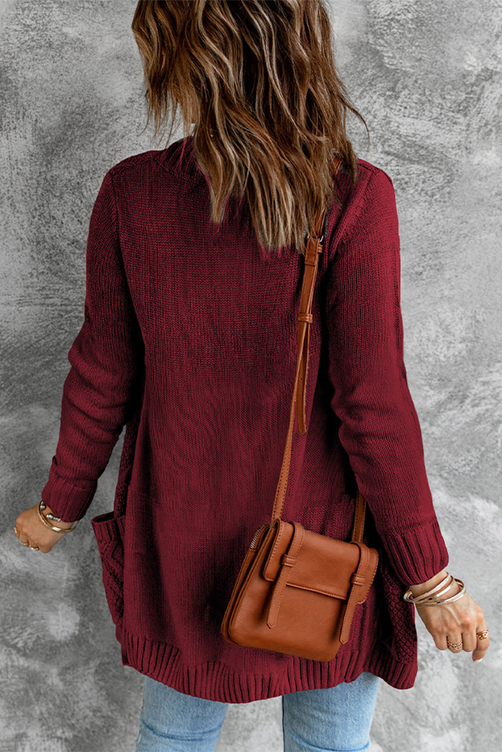 Burgundy Front Pocket and Buttons Closure Cardigan