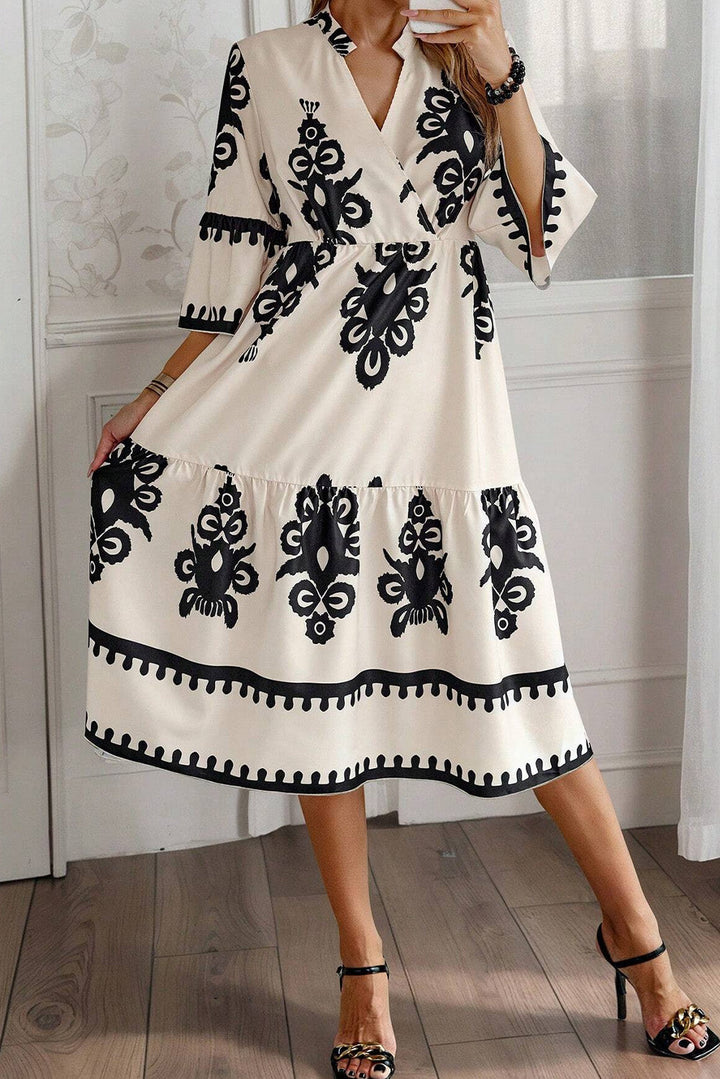 Western Geometric Print 3/4 Sleeve Loose Midi Dress