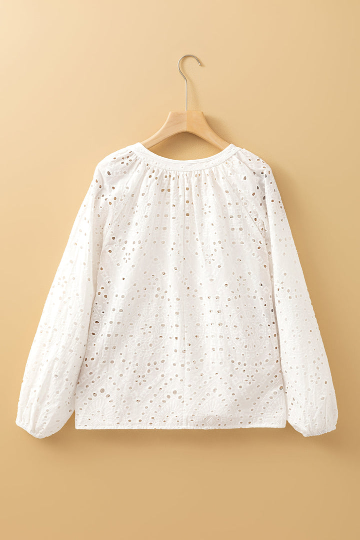 Eyelet Embroidered Puff Sleeve V Neck Blouse