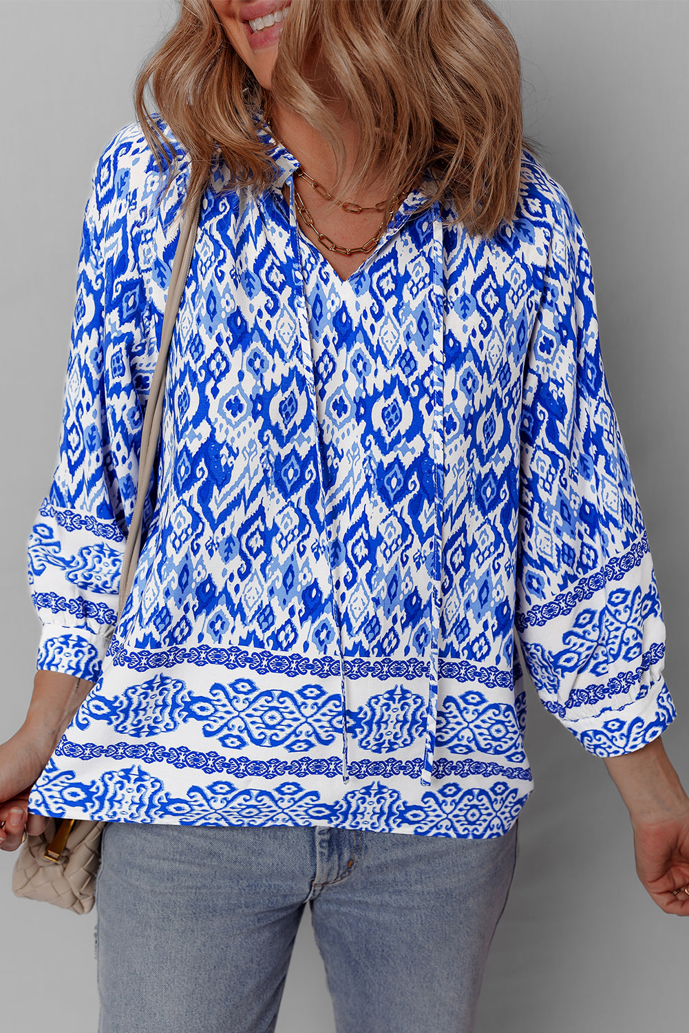 Boho Printed 3/4 Sleeve Tied Neck Blouse