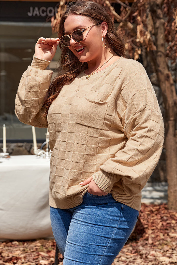 Solid Checkered Textured Knit Plus Size Sweater