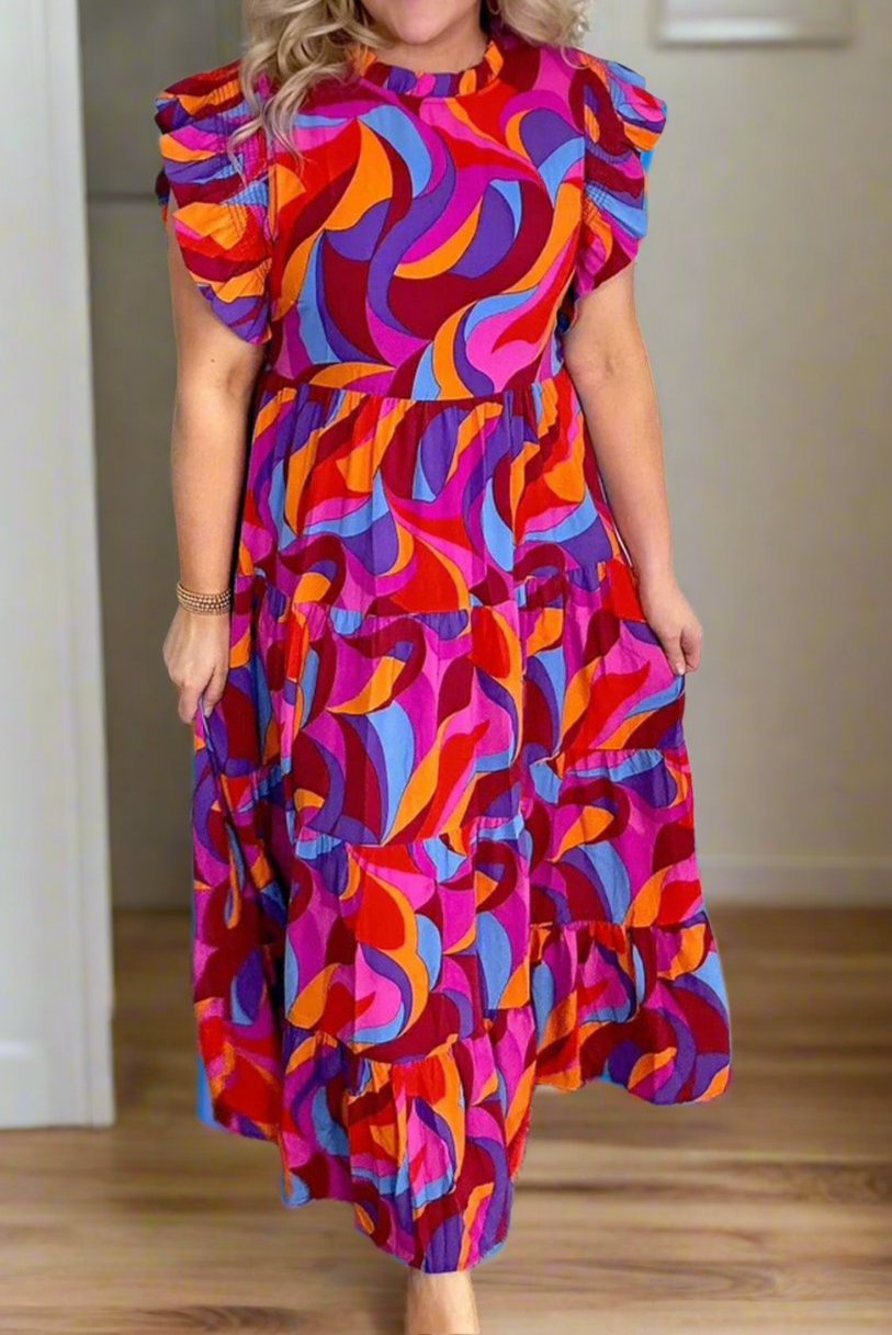 Plus Abstract Print Ruffled Mock Neck Tiered Maxi Dress