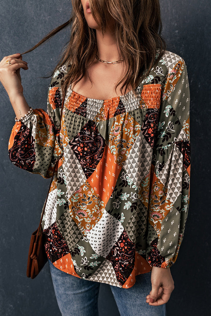 Square Neck Mixed Print Blouse