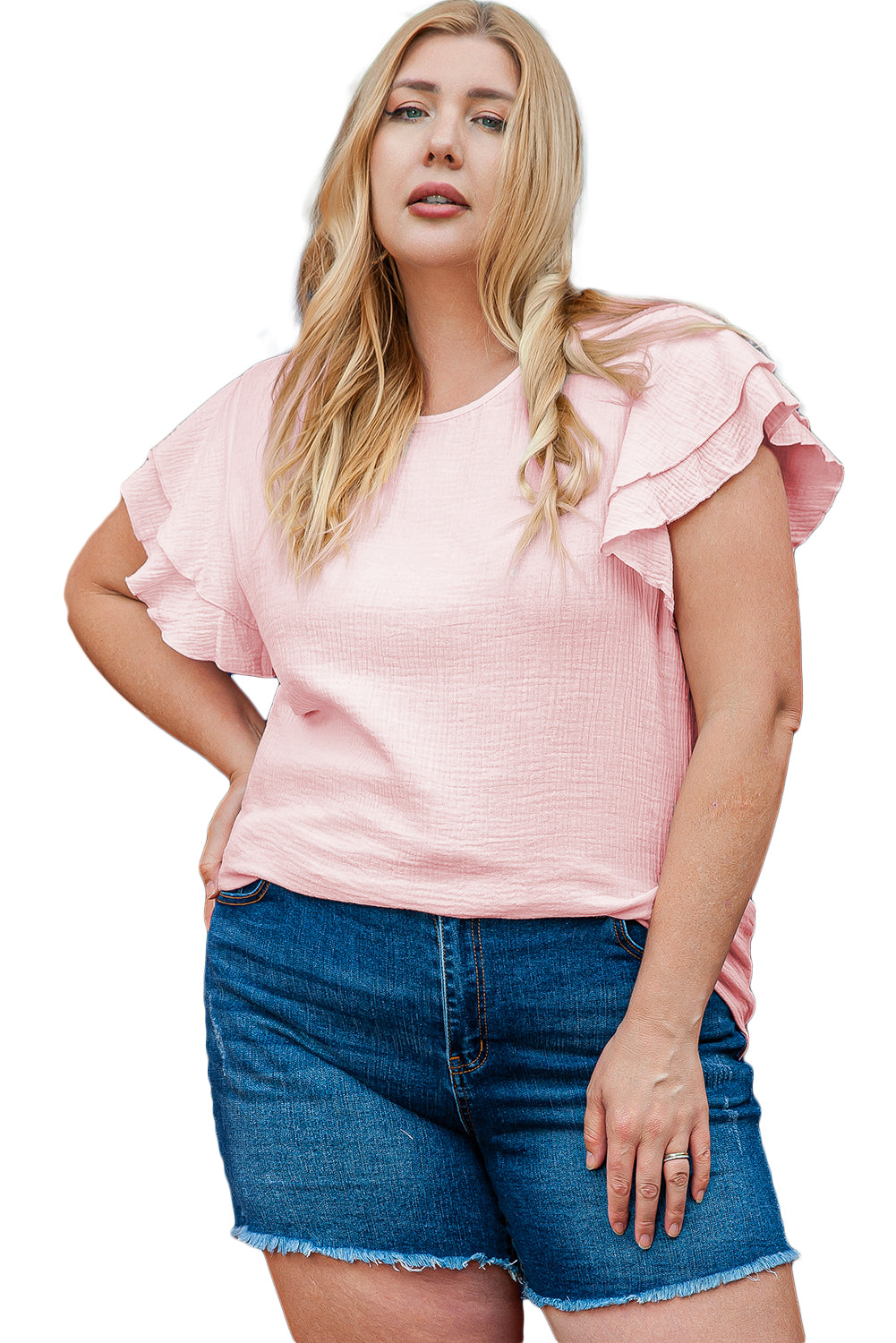 Plus Size Crinkle Textured Ruffle Sleeve Top