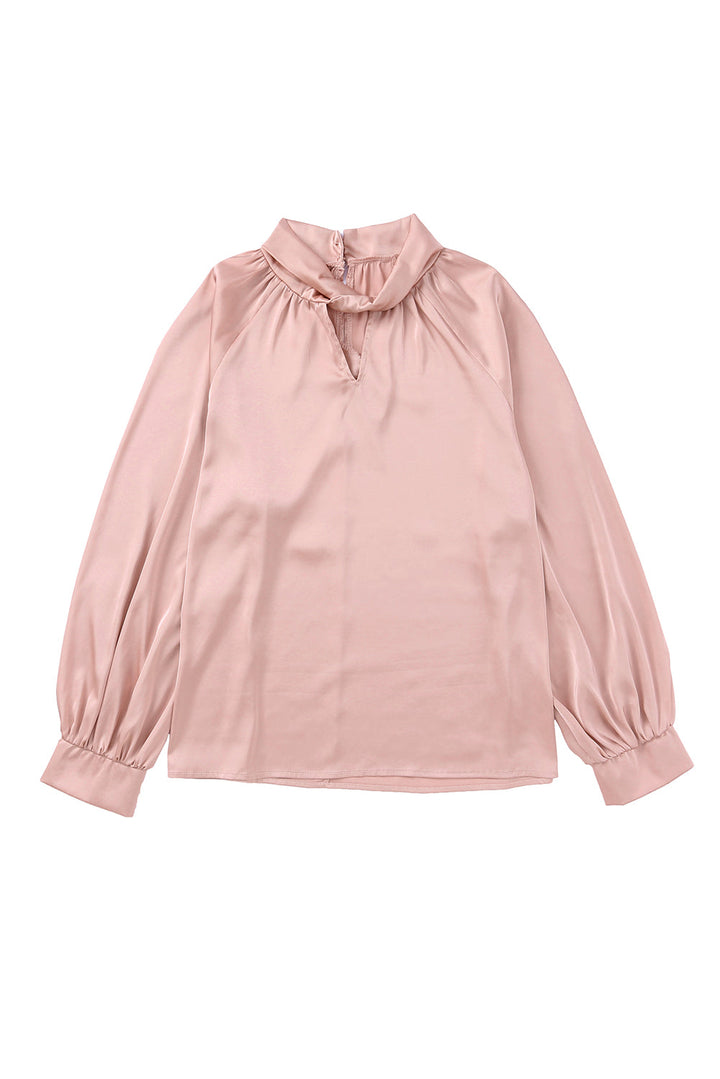 Twist High Neck Puff Sleeve Satin Blouse