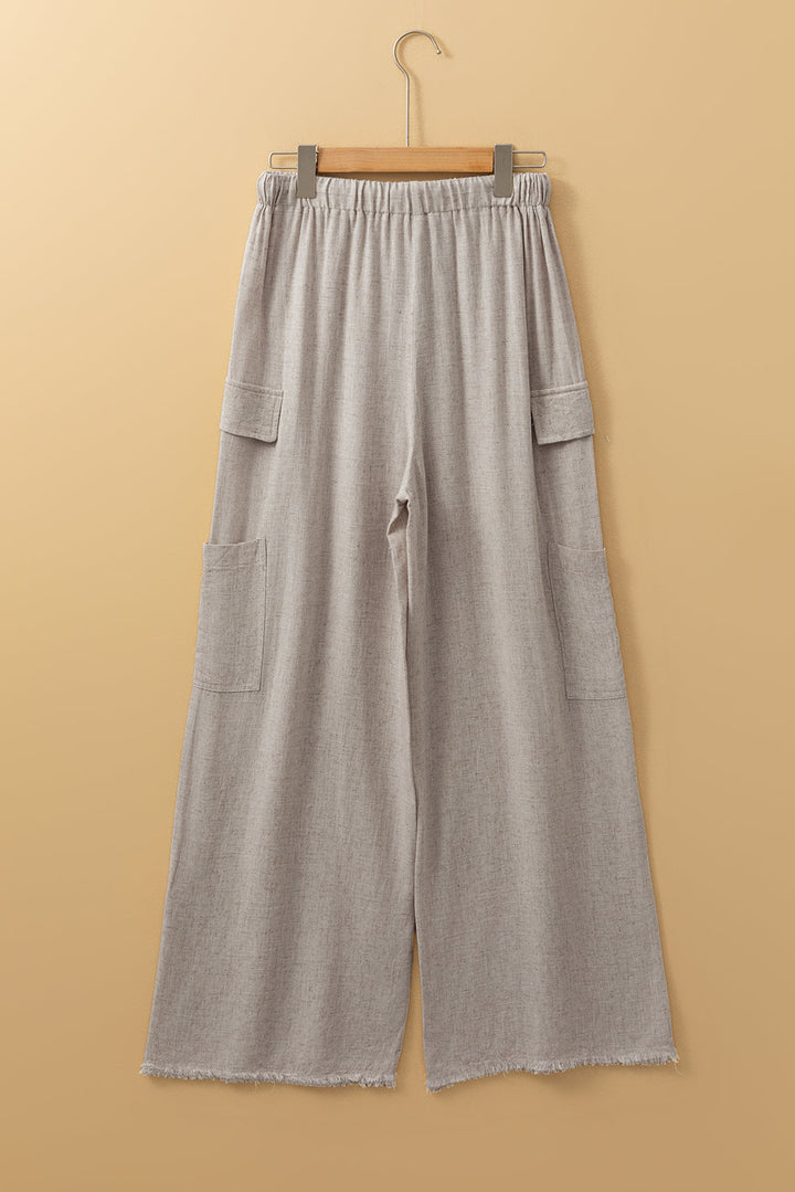 Boho Linen Drawstring Waist Raw Edge Cargo Loose Pants