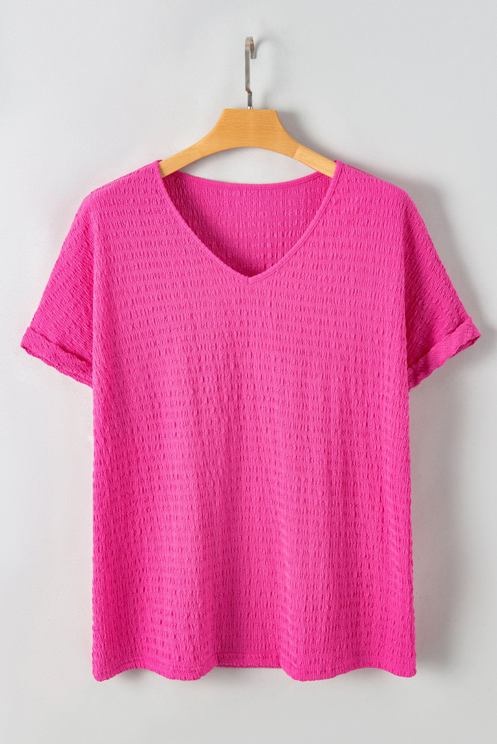 Plus Size Textured Folded Sleeve V Neck T Shirt