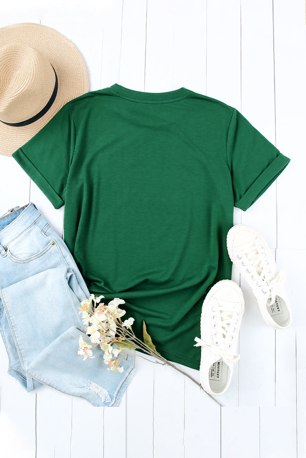 Green Solid Color Crew Neck Tee