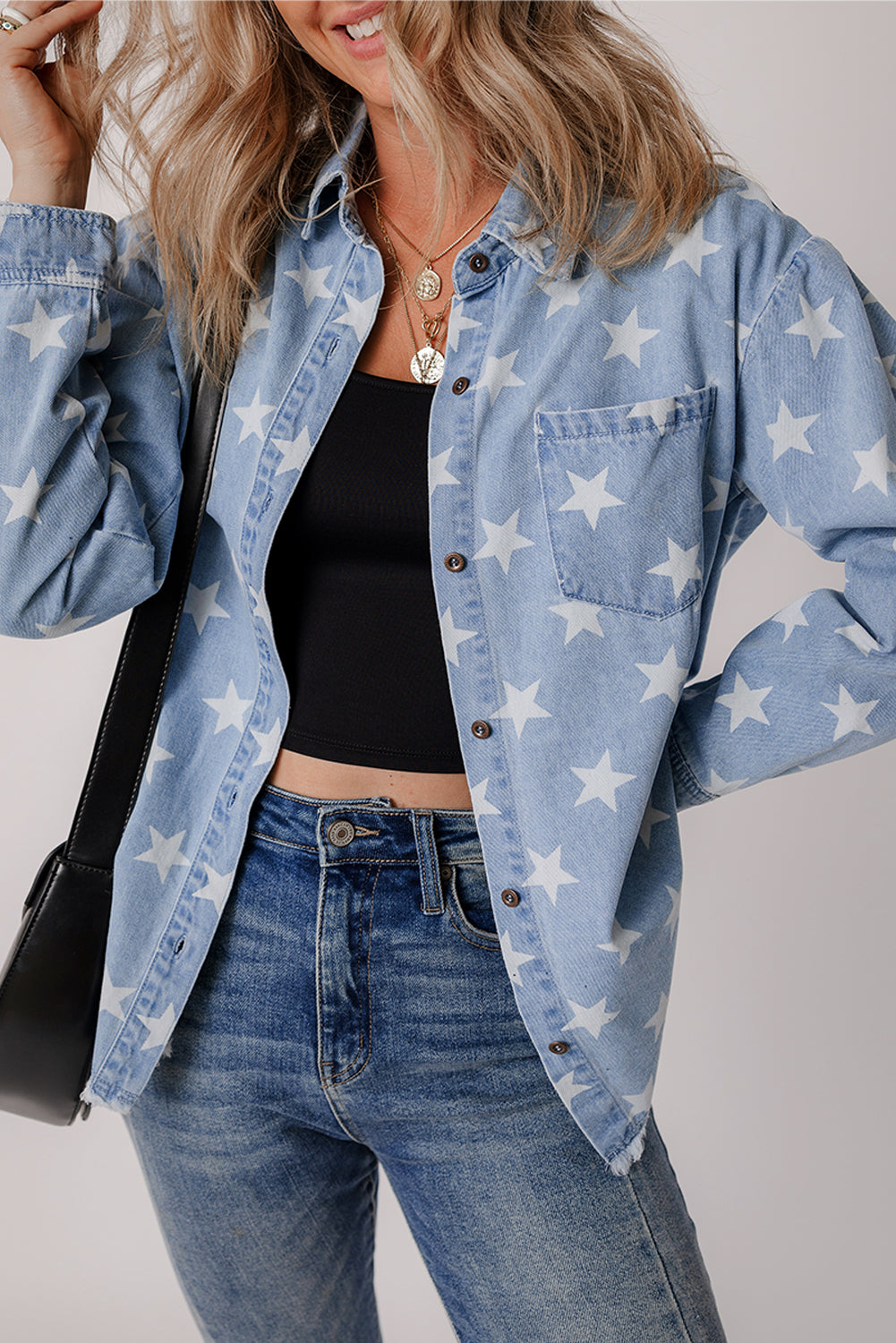 Star Print Light Wash Raw Hem Denim Jacket