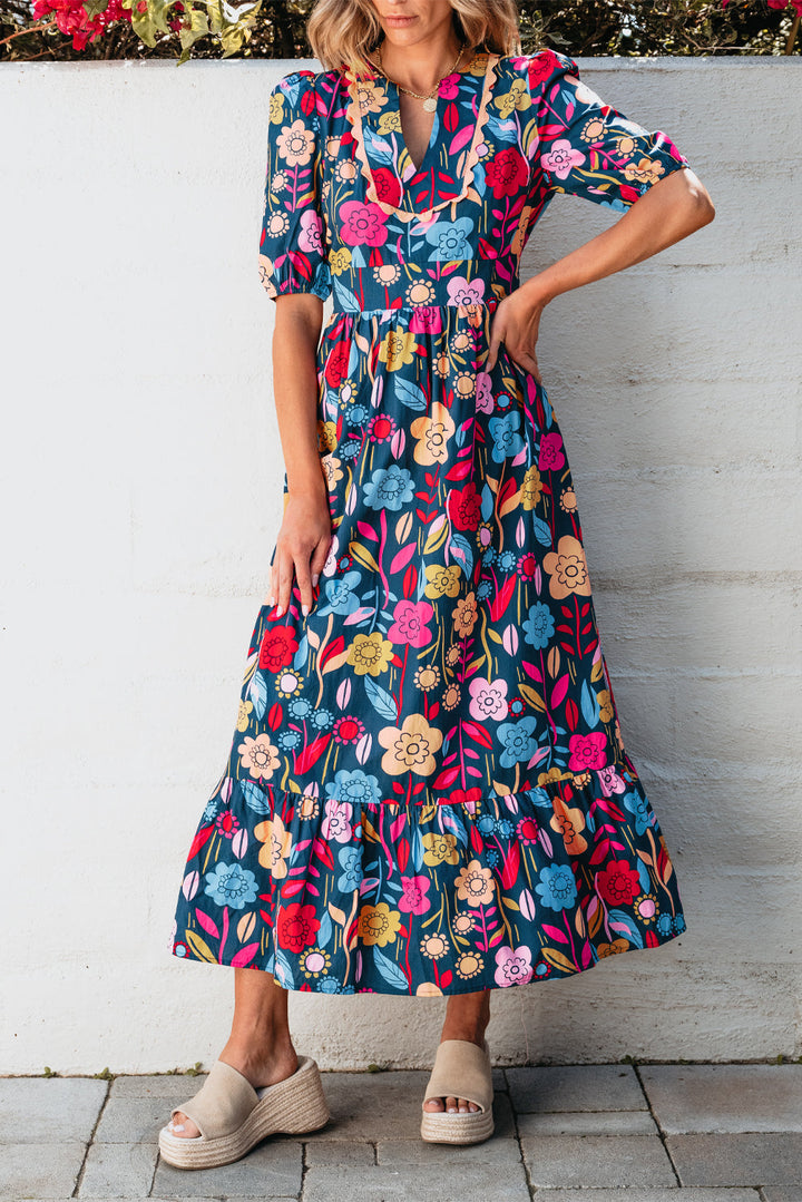 Retro Floral Printed Split Neck Maxi Dress