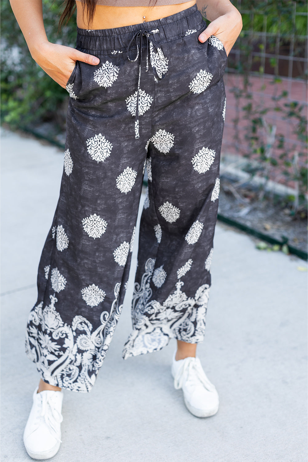 Bohemian Printed Drawstring Waist Wide Leg Pants