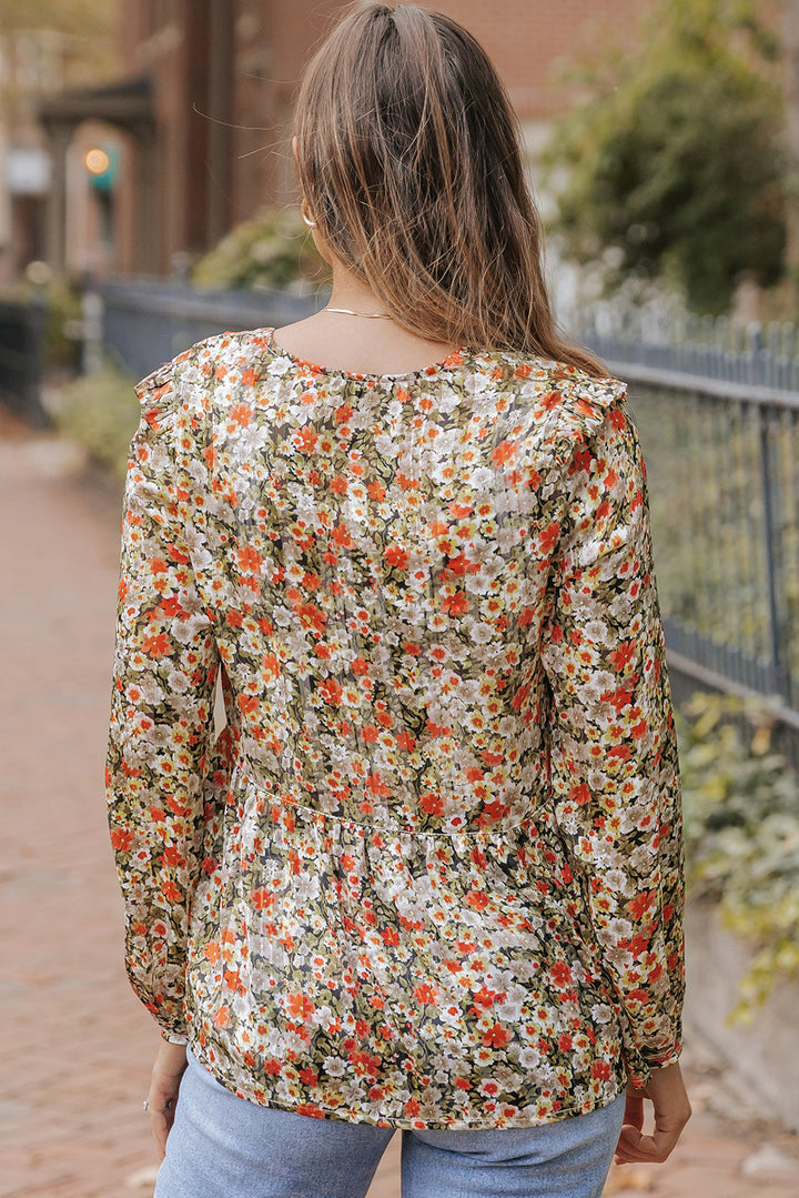 V Neck Ruffled Babydoll Floral Blouse