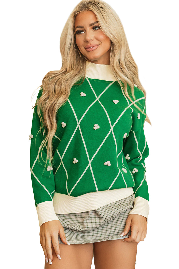 Diamond Pattern Pom Accents Contrast Trim High Neck Sweater