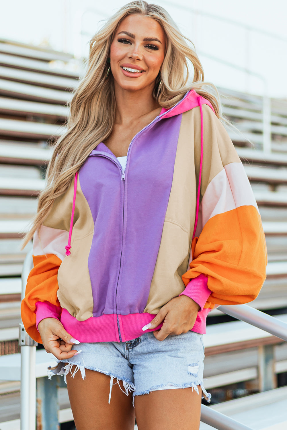 Oversized Colorblock Patchwork Full Zipped Hoodie