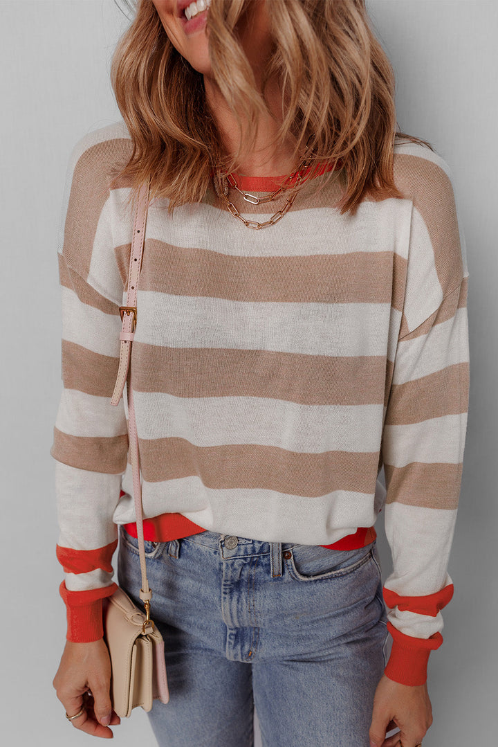 Colorblock Striped Round Neck Drop Shoulder Sweater