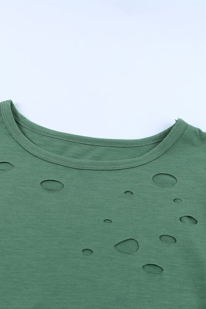 Green Holes Crew Neck Cotton Mixed T-shirt