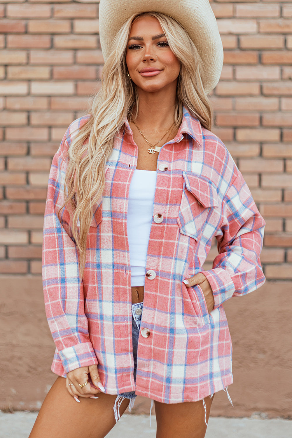 Plaid Flap Pocket Button Up Shacket