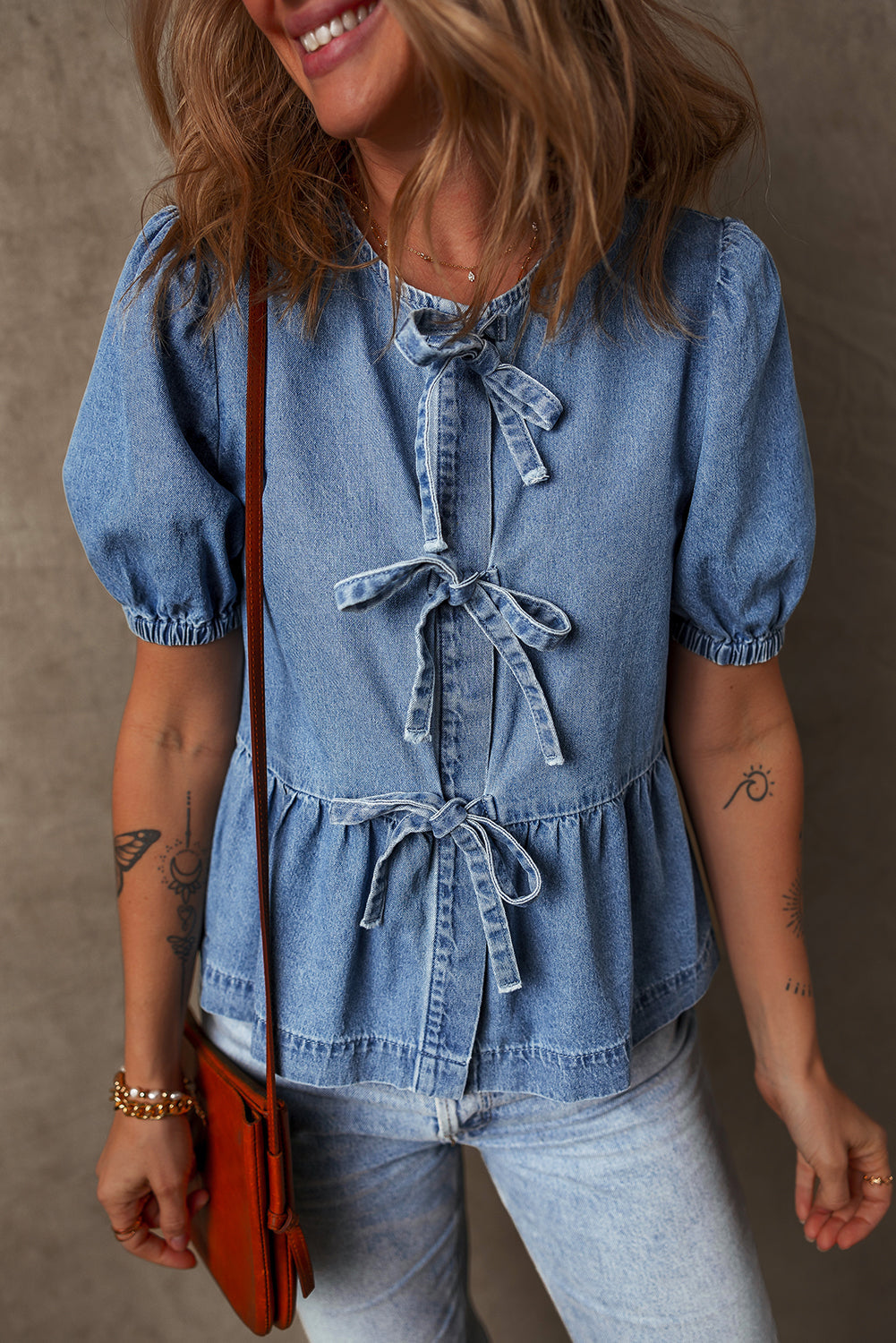 Tied Front Bubble Sleeve Peplum Denim Shirt