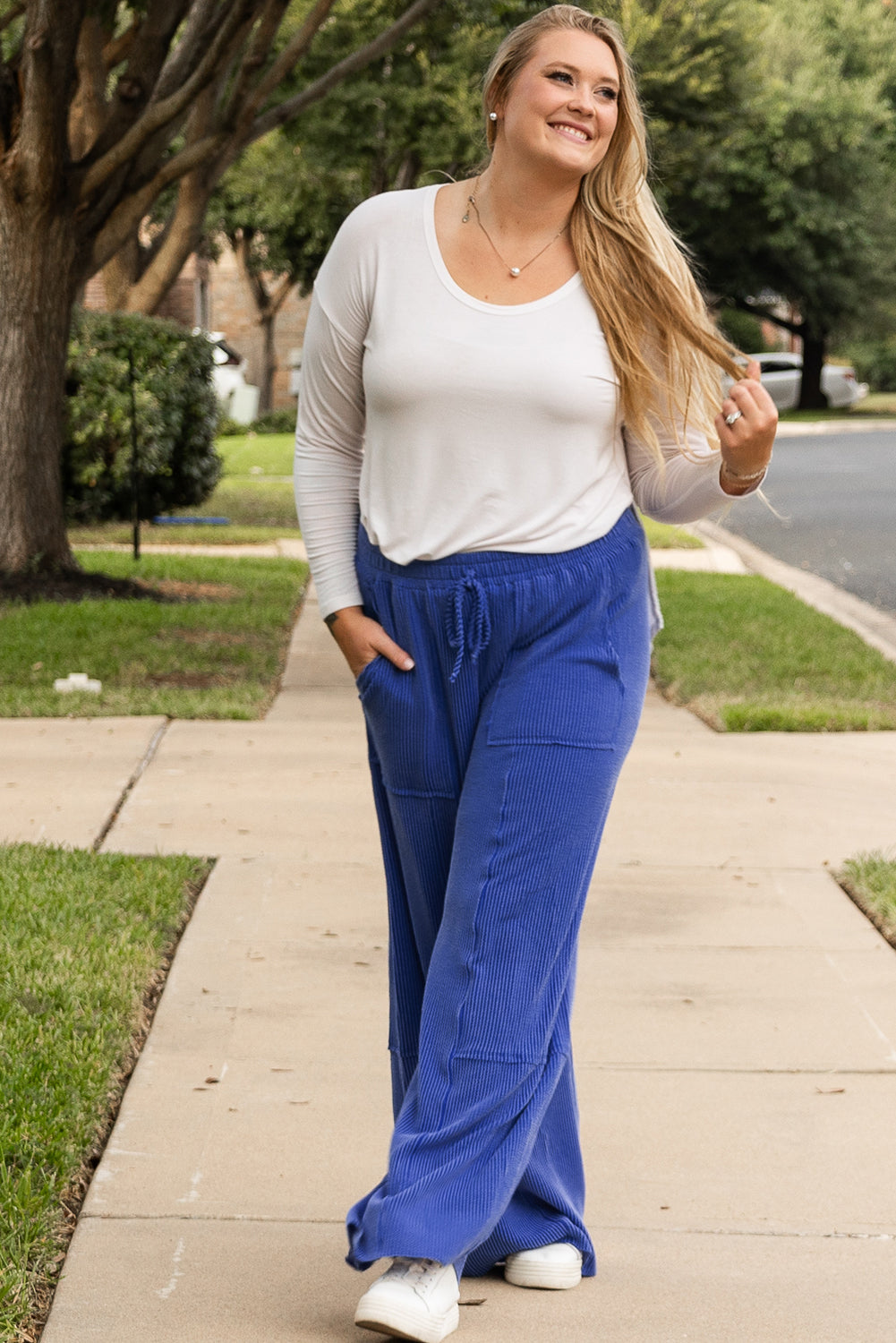 Corded Drawstring High Waist Pocket Plus Size Wide Leg Pants