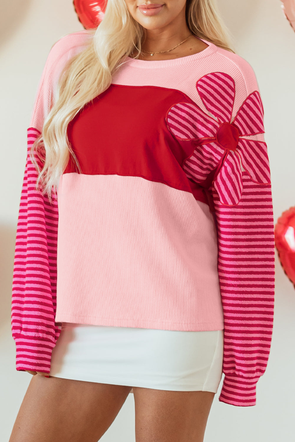 Floral Patch Color Block Striped Sleeve Textured Top