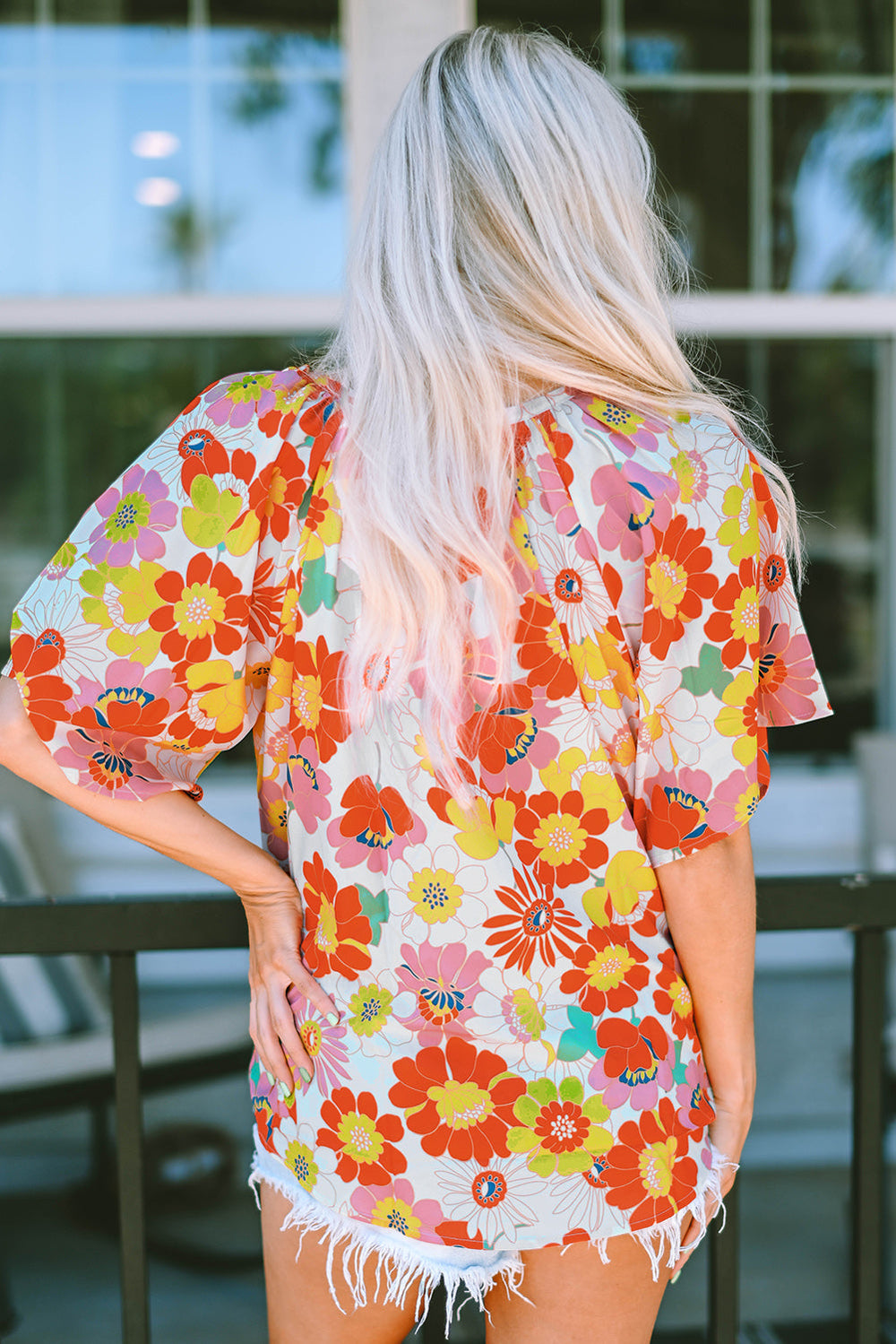 Abstract Print V Neck Half Sleeve Blouse