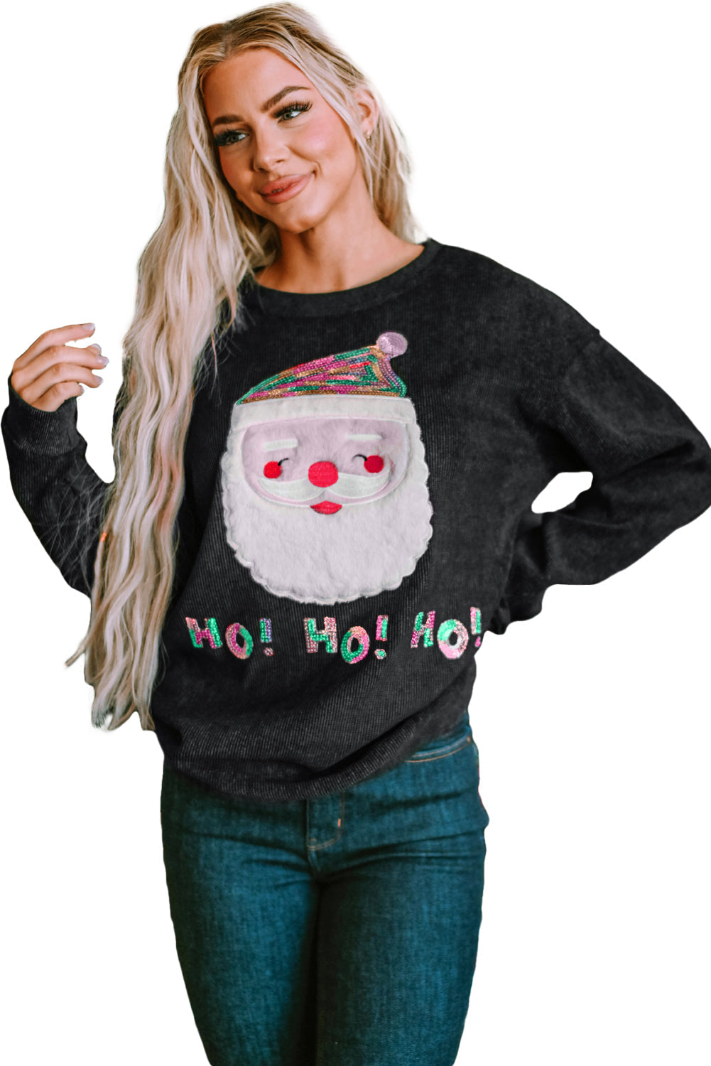 Sequin HO HO HO Santa Claus Graphic Corded Sweatshirt