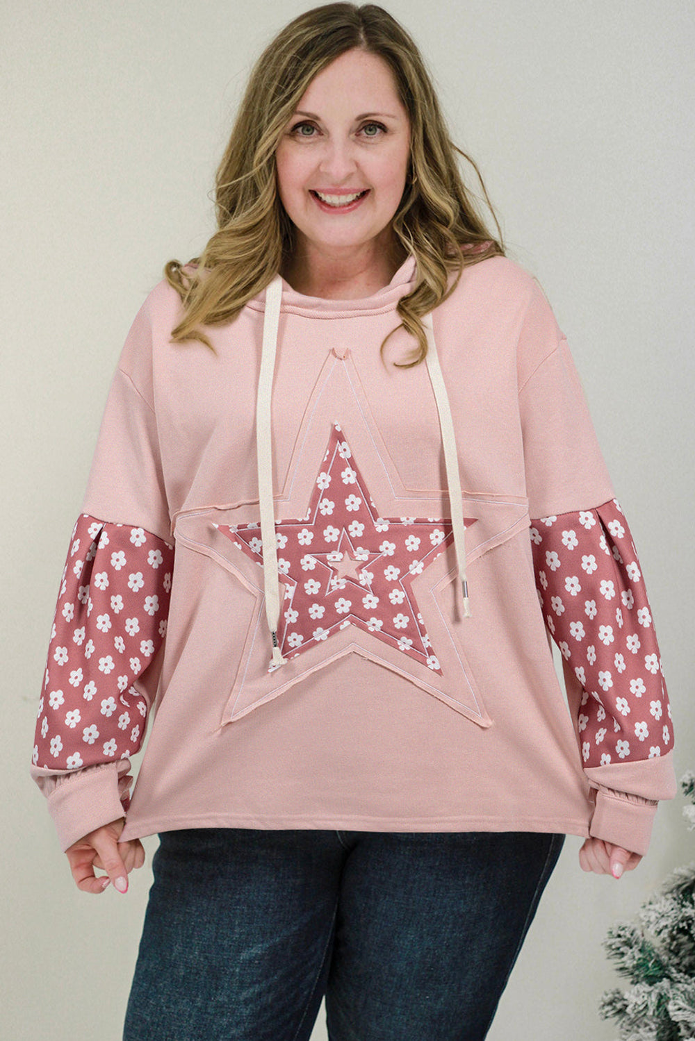 Star Patch Graphic Floral Color Block Drawstring Plus Size Hoodie