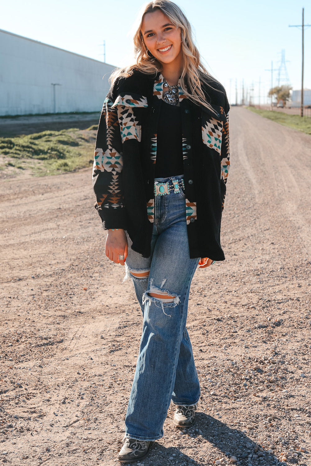 Western Aztec Print Accent Fleece Shacket