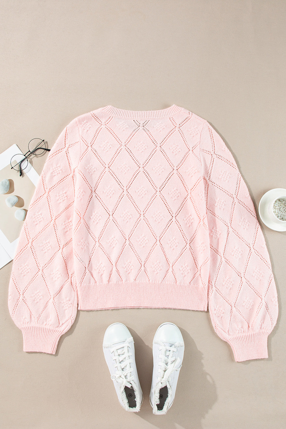 Openwork Plaid Puff Sleeve Cropped Sweater