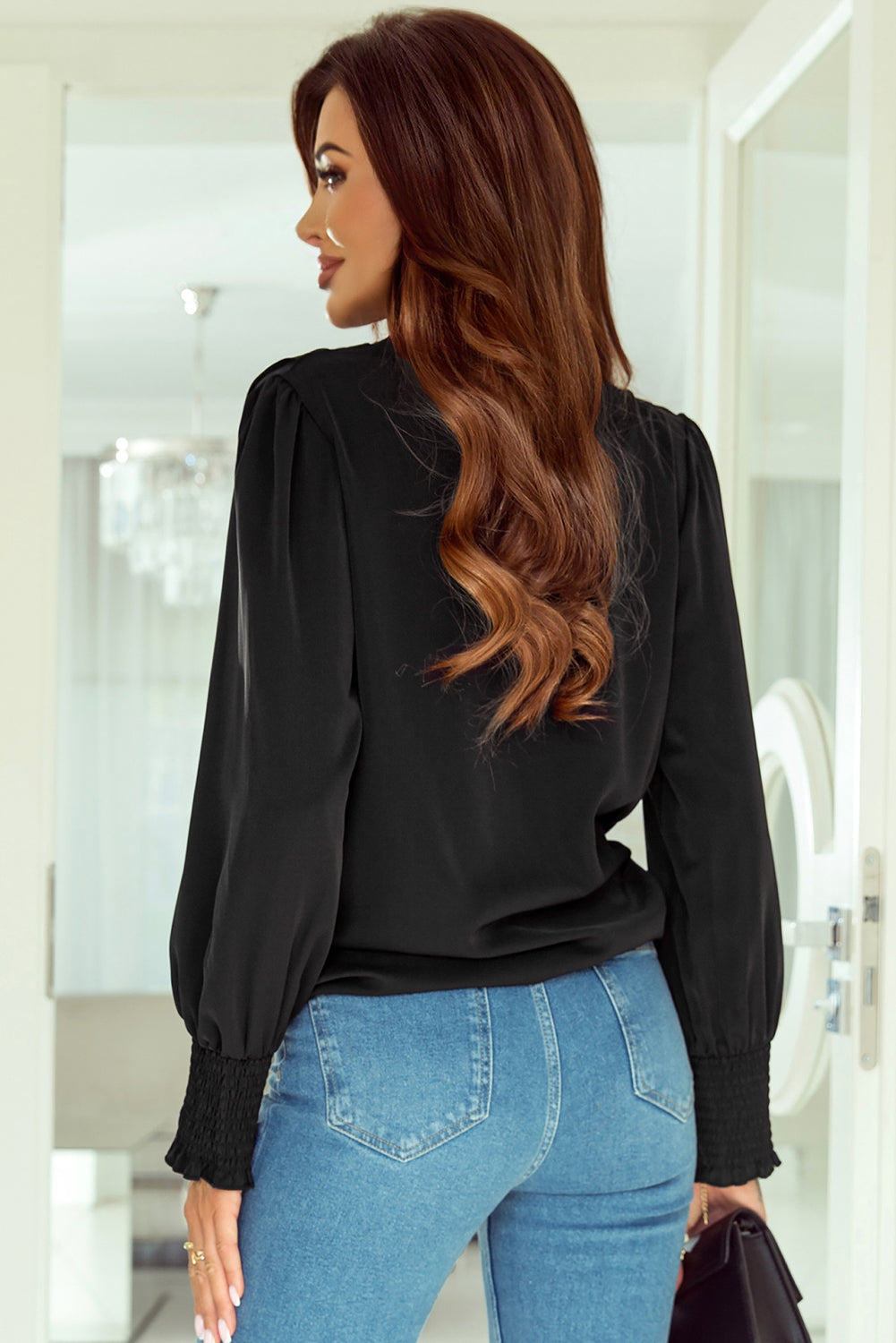 Solid Surplice Neck Shirred Cuffs Draped Blouse