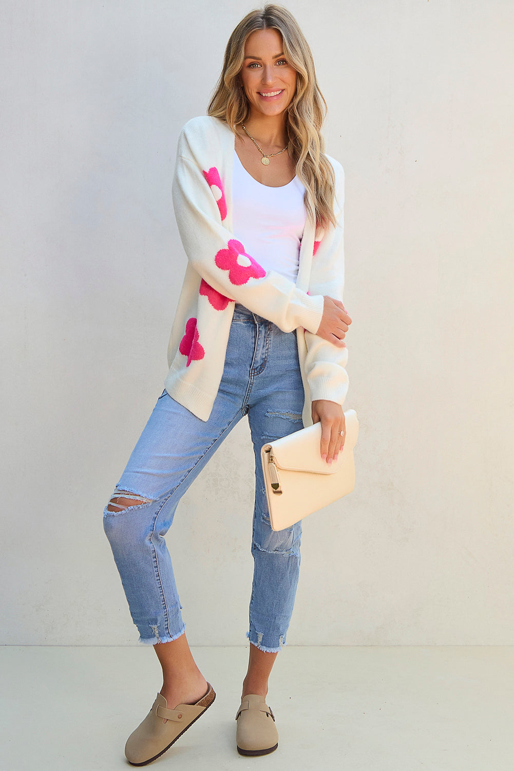 Flower Pattern Open Front Cardigan