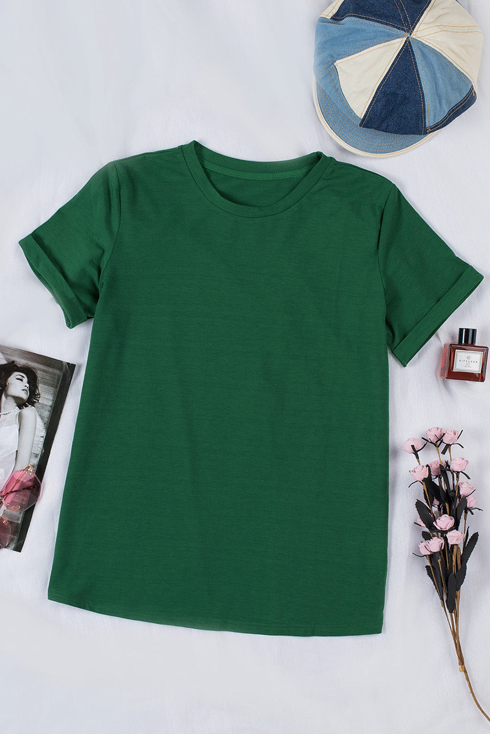 Green Solid Color Crew Neck Tee