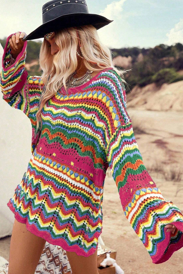 Colorblock Striped Hollowed Knit Loose Sleeve Sweater