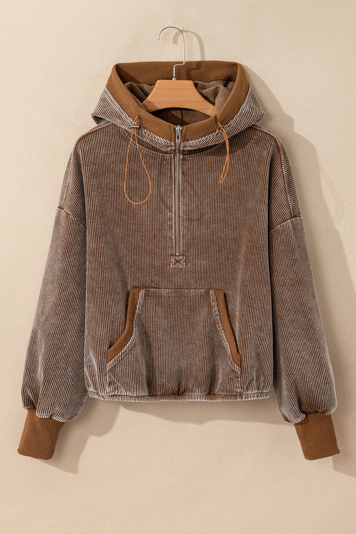 Half Zipper Kangaroo Pocket Drawstring Corduroy Hoodie