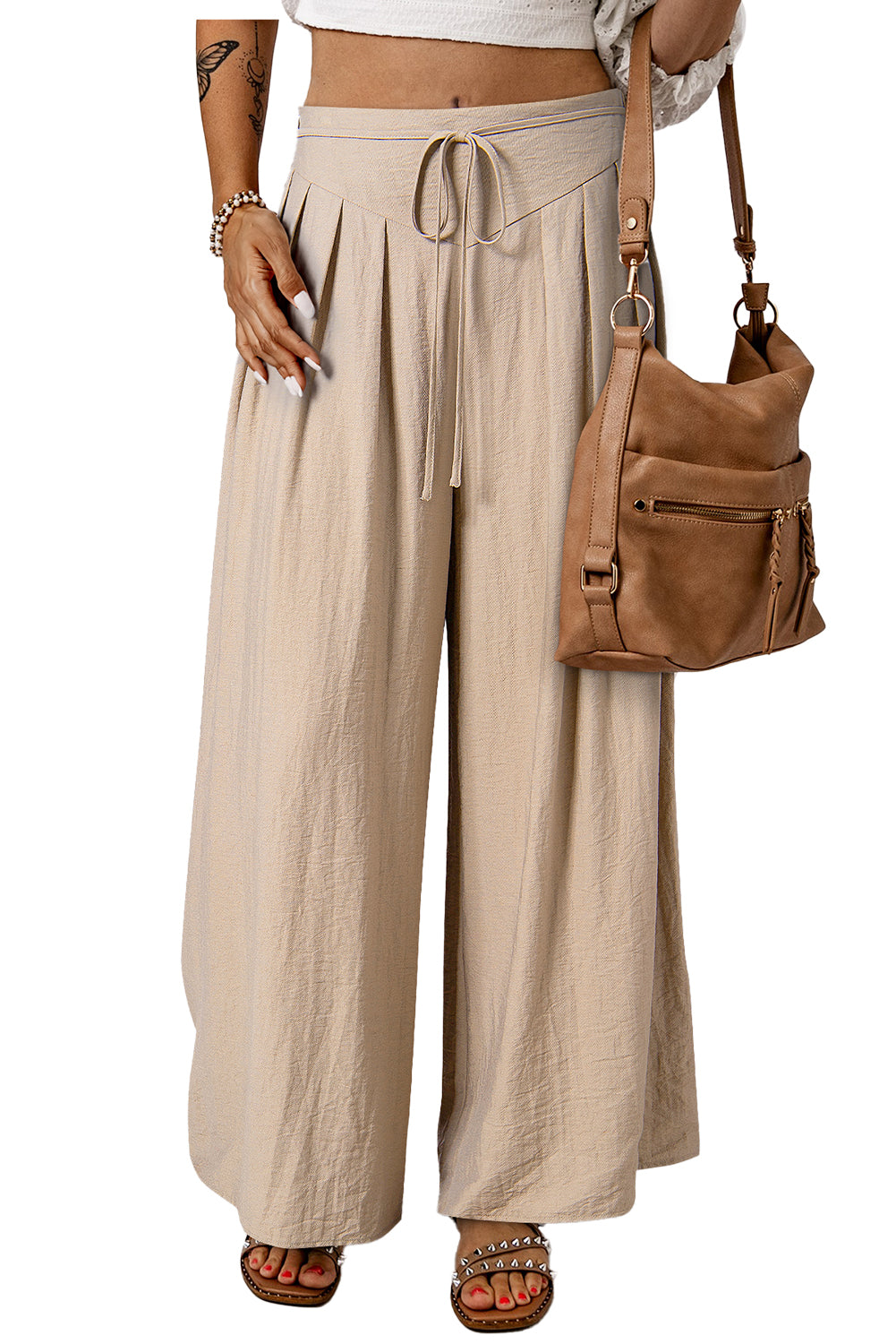 Drawstring Waist Pleated Wide Leg Casual Pants