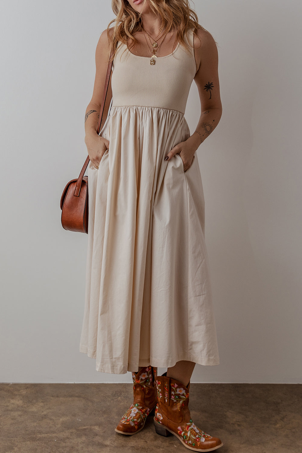 Scoop Neck Ribbed Bodice Pleated Sleeveless Long Dress