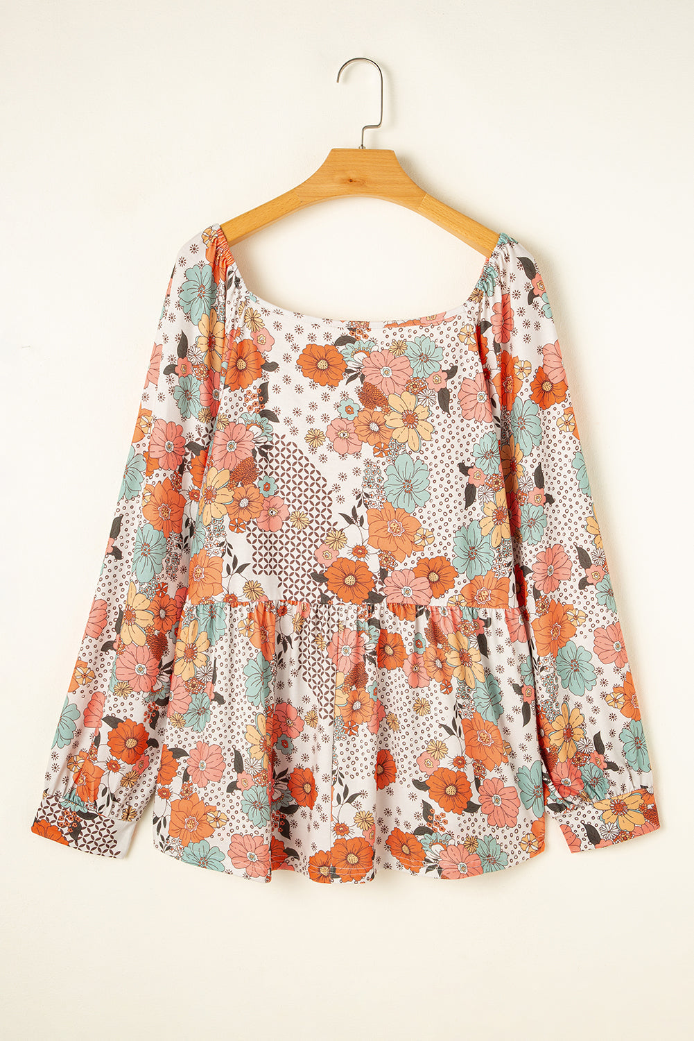 Plus Size Flower Print Square Neck Peplum Blouse