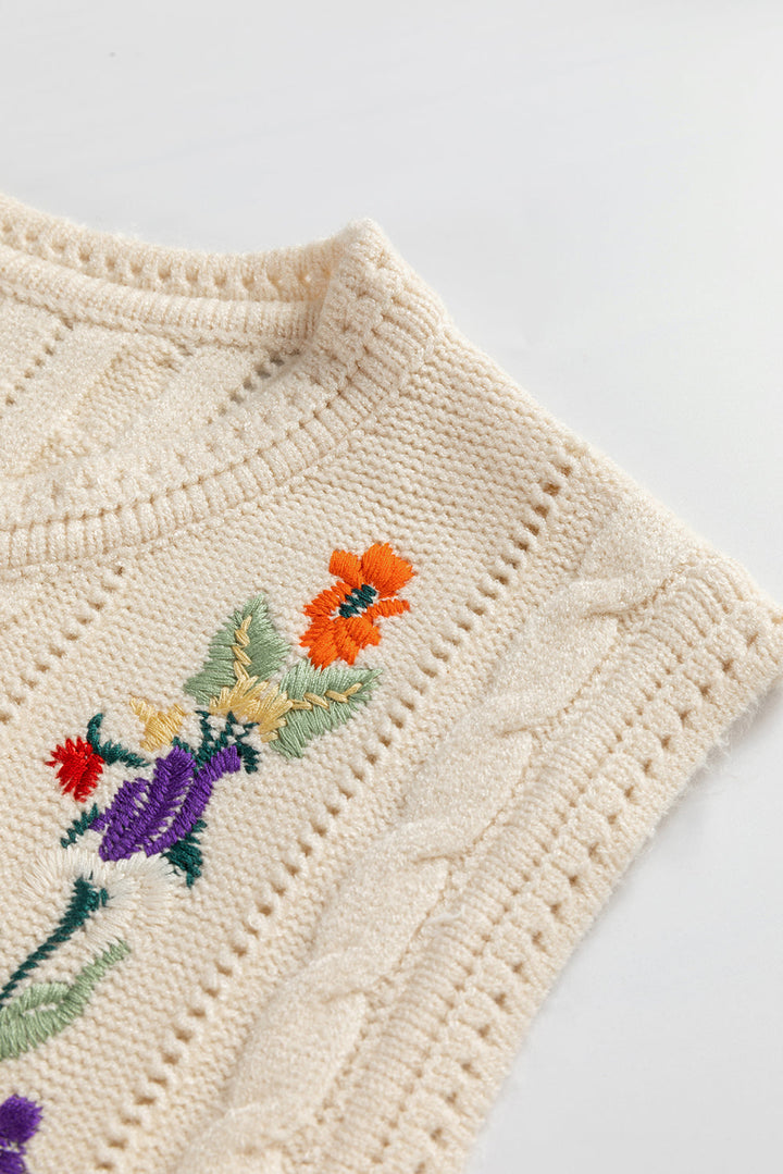 Embroidered Floral Cable Knit Sweater Vest