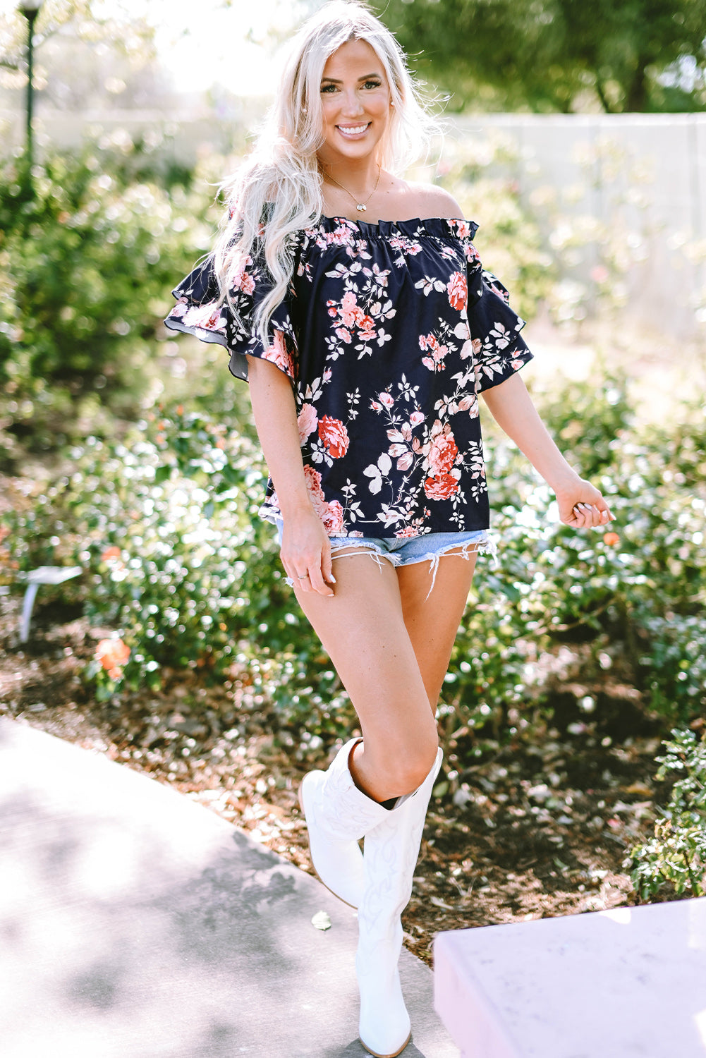 Ruffle Off Shoulder Flounce Sleeve Floral Blouse