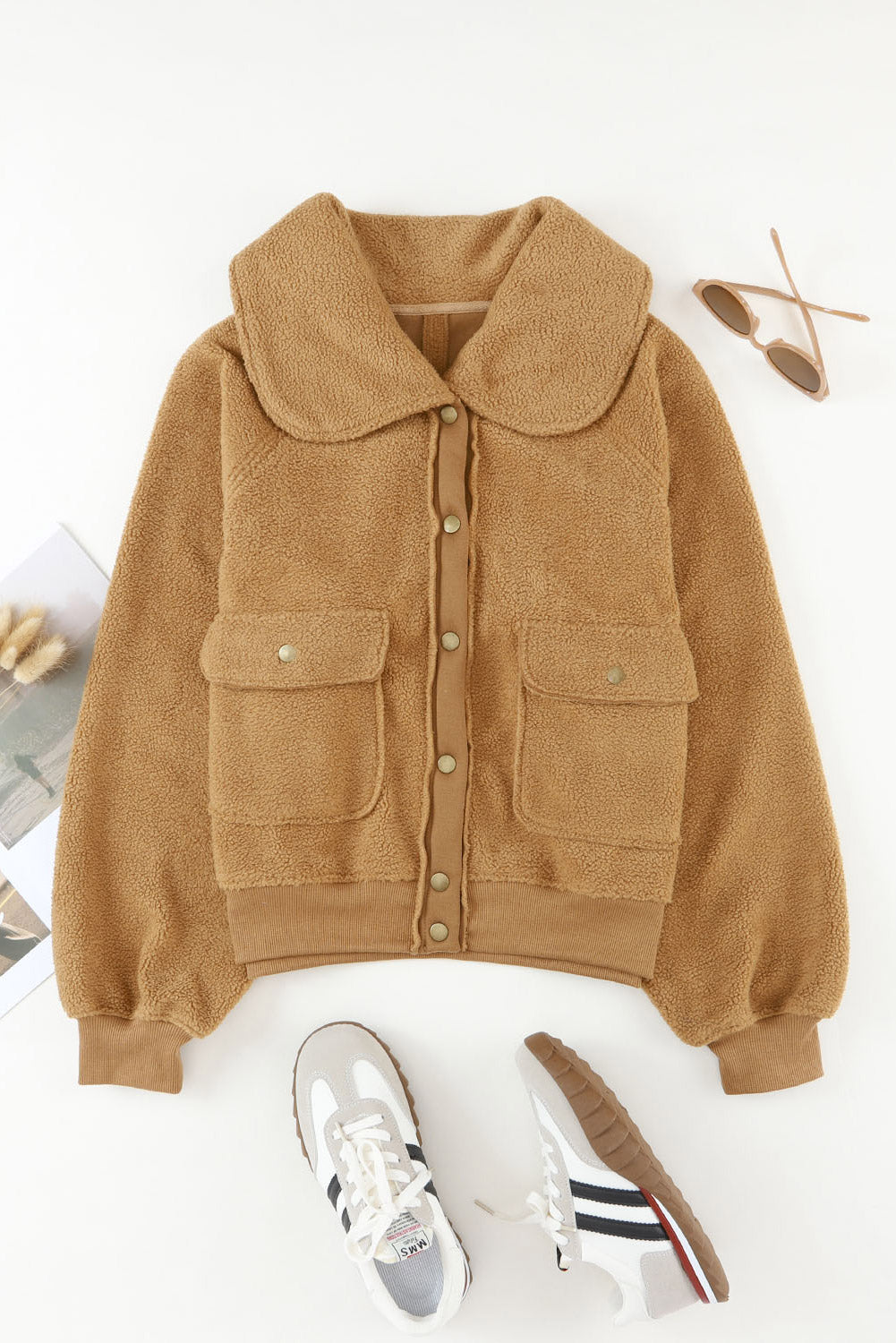 Button Flap Pocket Spread Collar Fleece Jacket