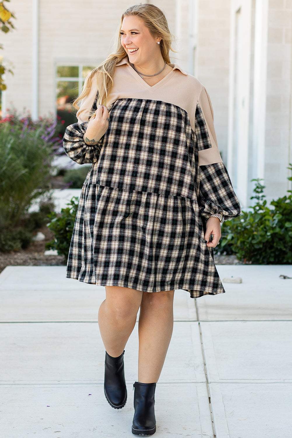 Plaid Waffle Knit Patchwork Collared V Neck Plus Size Mini Dress