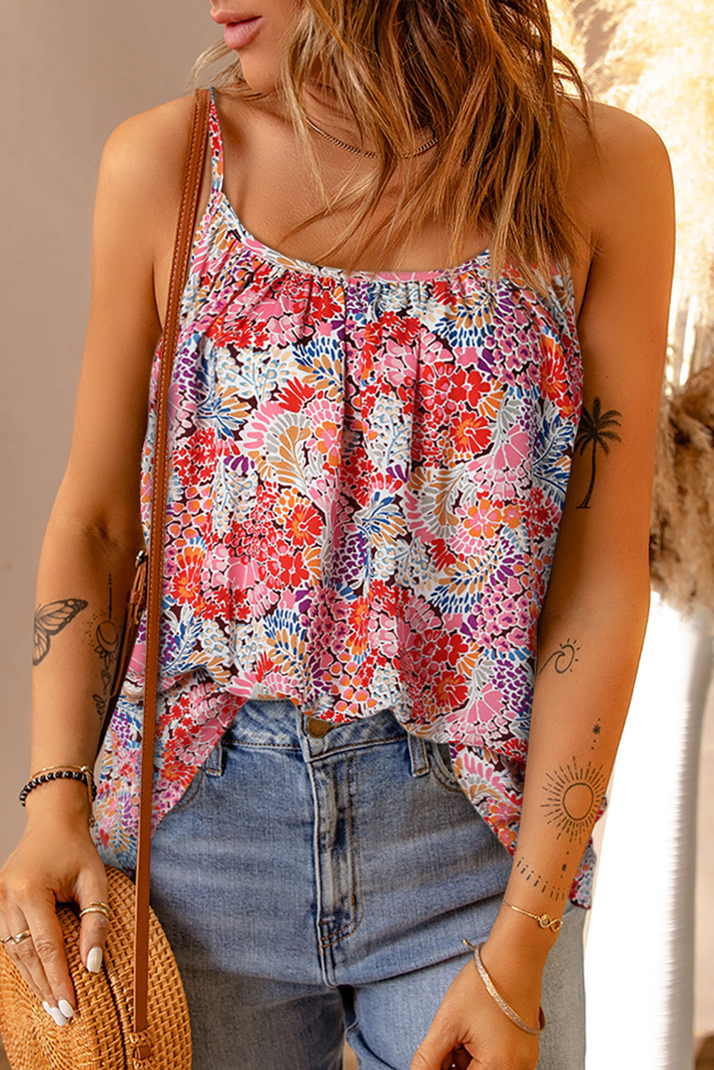 Spaghetti Straps Floral Print Sleeveless Top